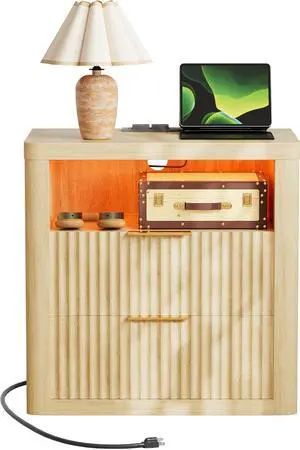 Fluted Nightstand with Charging Station,24" Night Stand with 2 Drawers and Storage Shelf,RGB LED Lighting,Arc Edge Fluted Bedside Table for Bedroom,Wood Fluted Nightstand with Charging Station,24" Night Stand with 2 Drawers and Storage Shelf,RGB LED Lighting,Arc Edge Fluted Bedside Table for Bedroom,Wood
