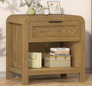 Curved NightStand with Drawer, 21" Solid Wood Nightstand with Curved Surface, Bedside End Table for Living Room, Bedroom, Hallway (1, Teak, 1 Drawer) Curved NightStand with Drawer, 21" Solid Wood Nightstand with Curved Surface, Bedside End Table for Living Room, Bedroom, Hallway (1, Teak, 1 Drawer)