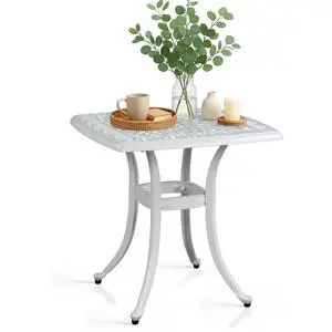 Patio Side Table, 21.3in Outdoor Square Cast Aluminum Bistro Table with Umbrella Hole and Antique Design for Backyard Porch Pool Balcony Deck White Patio Side Table, 21.3in Outdoor Square Cast Aluminum Bistro Table with Umbrella Hole and Antique Design for Backyard Porch Pool Balcony Deck White