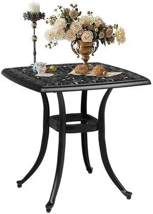 Patio Side Table, 21.3in Outdoor Square Cast Aluminum Bistro Table with Umbrella Hole and Antique Design for Backyard Porch Pool Balcony Deck Black Patio Side Table, 21.3in Outdoor Square Cast Aluminum Bistro Table with Umbrella Hole and Antique Design for Backyard Porch Pool Balcony Deck Black