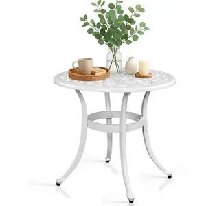 Patio Side Table, 23.6in Outdoor Round Cast Aluminum Bistro Table with Umbrella Hole and Antique Design for Backyard Porch Pool Balcony Deck White Patio Side Table, 23.6in Outdoor Round Cast Aluminum Bistro Table with Umbrella Hole and Antique Design for Backyard Porch Pool Balcony Deck White