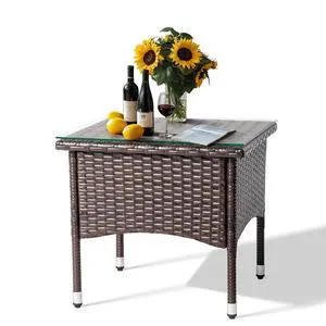 20" Patio Coffee Table, Glass Tabletop Square Side Table, Waterproof & Rustproof, Adjustable Feet, Elegant Brown Outdoor Table for Garden Porch Yard 20" Patio Coffee Table, Glass Tabletop Square Side Table, Waterproof & Rustproof, Adjustable Feet, Elegant Brown Outdoor Table for Garden Porch Yard