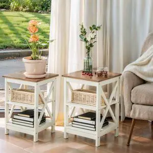 End Table Set of 2 with Storage 16" Farmhouse Nightstands Bed Side Tables for Bedroom, Nesting Coffee Tables, Side Tables Set for Living Room, Ivory End Table Set of 2 with Storage 16" Farmhouse Nightstands Bed Side Tables for Bedroom, Nesting Coffee Tables, Side Tables Set for Living Room, Ivory