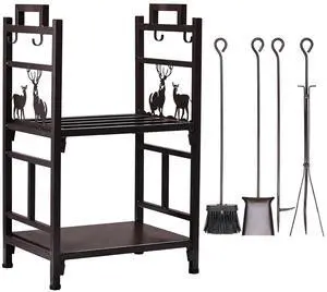 2 Tier Firewood Log Rack, Iron Lumber Storage Holder, Wood Pile Stacker Organizer for Indoor Outdoor Fireplace Fire Stove Pit With 4 Fire Tools Hanging Hooks Christmas Elements Brown 2 Tier Firewood Log Rack, Iron Lumber Storage Holder, Wood Pile Stacker Organizer for Indoor Outdoor Fireplace Fire Stove Pit With 4 Fire Tools Hanging Hooks Christmas Elements Brown