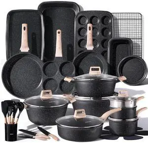 44pcs Pots and Pan Set Nonstick, Cookware Sets, Cooking Set Non Stick, Induction Cook Ware with Bakeware Set, Kitchen Knife Set 44pcs Pots and Pan Set Nonstick, Cookware Sets, Cooking Set Non Stick, Induction Cook Ware with Bakeware Set, Kitchen Knife Set