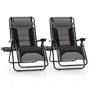 Padded Zero Gravity Chair Set of 2, Folding Patio Lounge Recliner with Adjustable Pillows & Cup Holder for Poolside Backyard, Support 400lbs(Grey) Padded Zero Gravity Chair Set of 2, Folding Patio Lounge Recliner with Adjustable Pillows & Cup Holder for Poolside Backyard, Support 400lbs(Grey)