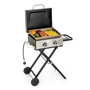 Small Portable Propane Griddle, 2 In 1 Gas BBQ Travel Grill with Foldable Stand, Compact and Light Countertop Grills with 2 Burners and Side Table, for Outdoor Cooking, Camping and Roadtrip Small Portable Propane Griddle, 2 In 1 Gas BBQ Travel Grill with Foldable Stand, Compact and Light Countertop Grills with 2 Burners and Side Table, for Outdoor Cooking, Camping and Roadtrip