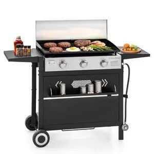 27 Inch Flat Top Propane Gas Griddle Grill, Ceramic Coated Cast Iron Pan, Outdoor Flattop Grill with Lid for Cooking 27 Inch Flat Top Propane Gas Griddle Grill, Ceramic Coated Cast Iron Pan, Outdoor Flattop Grill with Lid for Cooking