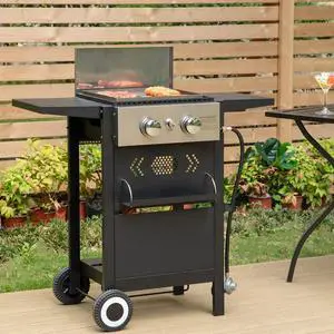 2-Burner Propane Gas BBQ Grill with Cast Iron Griddle Pan, 20,000 BTU Output Small Barbecue Grill for Outdoor, Patio, Backyard and Balcony 2-Burner Propane Gas BBQ Grill with Cast Iron Griddle Pan, 20,000 BTU Output Small Barbecue Grill for Outdoor, Patio, Backyard and Balcony