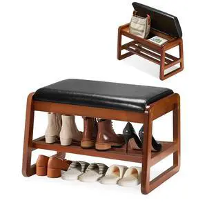 Solid Wood Shoe Rack with Flip-Top Storage, Entryway Shoe Bench with Cushion, 2 Tier Shoes Storage Organizer for Hallway, Living Room-(Black,21.65"-S) Solid Wood Shoe Rack with Flip-Top Storage, Entryway Shoe Bench with Cushion, 2 Tier Shoes Storage Organizer for Hallway, Living Room-(Black,21.65"-S)