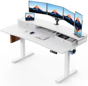 60 x 30 Electric Standing Desk with 2 Drawers, C-Clamp Mount Compatible, Height Adjustable Computer Desk, Home Office Stand Up Desk with 4 Preset Heights & 2 Hooks, White 60 x 30 Electric Standing Desk with 2 Drawers, C-Clamp Mount Compatible, Height Adjustable Computer Desk, Home Office Stand Up Desk with 4 Preset Heights & 2 Hooks, White
