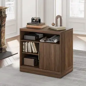 File Cabinet with Sliding Door, 32'' Fluted File Cabinet with Open Adjustable Shelves, Wood Filing Cabinet for Home Office, Black Walnut File Cabinet with Sliding Door, 32'' Fluted File Cabinet with Open Adjustable Shelves, Wood Filing Cabinet for Home Office, Black Walnut