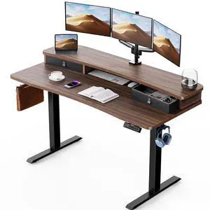 60 x 30 Electric Standing Desk with 2 Drawers, C-Clamp Mount Compatible, Height Adjustable Computer Desk, Home Office Stand Up Desk with 4 Preset Heights & 2 Hooks, Walnut 60 x 30 Electric Standing Desk with 2 Drawers, C-Clamp Mount Compatible, Height Adjustable Computer Desk, Home Office Stand Up Desk with 4 Preset Heights & 2 Hooks, Walnut