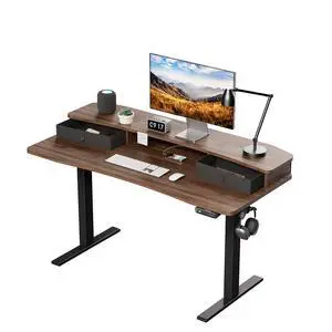 55" x 26" Electric Standing Desk with 2 Drawers, C-Clamp Mount Compatible, Height Adjustable Computer Desk, Home Office Stand Up Desk with 4 Preset Heights & 2 Hooks, Walnut 55" x 26" Electric Standing Desk with 2 Drawers, C-Clamp Mount Compatible, Height Adjustable Computer Desk, Home Office Stand Up Desk with 4 Preset Heights & 2 Hooks, Walnut