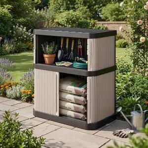 Outdoor Storage Shed & Cabinet, 2-Tier Large Plastic Storage Shed with Floor, Waterproof, Lockable Tool Shed for Outside Storage in Garden, Patio, Backyard Outdoor Storage Shed & Cabinet, 2-Tier Large Plastic Storage Shed with Floor, Waterproof, Lockable Tool Shed for Outside Storage in Garden, Patio, Backyard