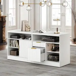 File Cabinet, 63'' Wood Lateral File Cabinet with Lock, Fluted Filing Cabinet for Home Office with AC/USB, Adjustable Storage Shelves, Fits for Letter and A4 Size, White File Cabinet, 63'' Wood Lateral File Cabinet with Lock, Fluted Filing Cabinet for Home Office with AC/USB, Adjustable Storage Shelves, Fits for Letter and A4 Size, White