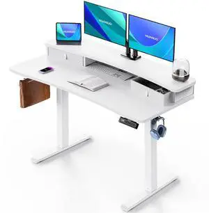 48 x 24 Electric Standing Desk with 2 Drawers, C-Clamp Mount Compatible, Height Adjustable Computer Desk, Home Office Stand Up Desk with 4 Preset Heights & 2 Hooks, White 48 x 24 Electric Standing Desk with 2 Drawers, C-Clamp Mount Compatible, Height Adjustable Computer Desk, Home Office Stand Up Desk with 4 Preset Heights & 2 Hooks, White