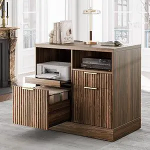 3 Drawer File Cabinet, Fluted Wood Lateral Filing Cabinet with Charging Station for Home Office, Fits for A4/Letter-Sized Files, Printer Stand with Open Storage Shelves, Black Walnut 3 Drawer File Cabinet, Fluted Wood Lateral Filing Cabinet with Charging Station for Home Office, Fits for A4/Letter-Sized Files, Printer Stand with Open Storage Shelves, Black Walnut