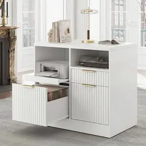 3 Drawer File Cabinet, Fluted Wood Lateral Filing Cabinet with Charging Station for Home Office, Fits for A4/Letter-Sized Files, Printer Stand with Open Storage Shelves, White 3 Drawer File Cabinet, Fluted Wood Lateral Filing Cabinet with Charging Station for Home Office, Fits for A4/Letter-Sized Files, Printer Stand with Open Storage Shelves, White