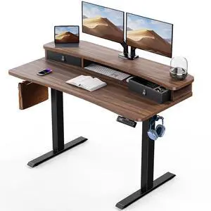 48 x 24 Electric Standing Desk with 2 Drawers, C-Clamp Mount Compatible, Height Adjustable Computer Desk, Home Office Stand Up Desk with 4 Preset Heights & 2 Hooks, Walnut 48 x 24 Electric Standing Desk with 2 Drawers, C-Clamp Mount Compatible, Height Adjustable Computer Desk, Home Office Stand Up Desk with 4 Preset Heights & 2 Hooks, Walnut