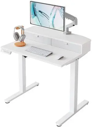 32" X 21" Electric Standing Desk with 2 Drawers, C-Clamp Mount Compatible, Height Adjustable Computer Desk, Home Office Stand Up Desk with 4 Preset Heights & 2 Hooks, White 32" X 21" Electric Standing Desk with 2 Drawers, C-Clamp Mount Compatible, Height Adjustable Computer Desk, Home Office Stand Up Desk with 4 Preset Heights & 2 Hooks, White