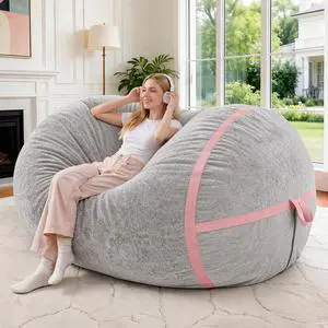 4FT BeanBag Chair, Large BeanBag Chairs with Memory Foam Filled, Ultra-Soft Velvet with Portable Handle & Removable Cover, Comfy BeanBag Sofa for Living Room, No Assembly - Light Grey & Pink 4FT BeanBag Chair, Large BeanBag Chairs with Memory Foam Filled, Ultra-Soft Velvet with Portable Handle & Removable Cover, Comfy BeanBag Sofa for Living Room, No Assembly - Light Grey & Pink