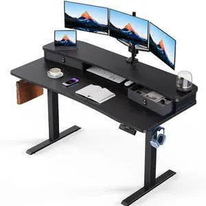 55 x 26 Electric Standing Desk with 2 Drawers, C-Clamp Mount Compatible, Height Adjustable Computer Desk, Home Office Stand Up Desk with 4 Preset Heights & 2 Hooks, Black 55 x 26 Electric Standing Desk with 2 Drawers, C-Clamp Mount Compatible, Height Adjustable Computer Desk, Home Office Stand Up Desk with 4 Preset Heights & 2 Hooks, Black
