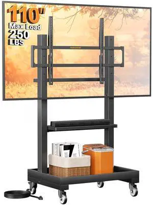 Rolling TV Stand for 32-110 TVs up to 250 lbs, Outdoor TV Stand with Large Wheels, Handle & Power Outlet, Height Adjustable Mobile TV Cart with Wood Shelf, Max VESA 800x600mm, PGTVMC24B Rolling TV Stand for 32-110 TVs up to 250 lbs, Outdoor TV Stand with Large Wheels, Handle & Power Outlet, Height Adjustable Mobile TV Cart with Wood Shelf, Max VESA 800x600mm, PGTVMC24B