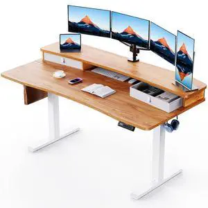 60 x 30 Electric Standing Desk with 2 Drawers, C-Clamp Mount Compatible, Height Adjustable Computer Desk, Home Office Stand Up Desk with 4 Preset Heights & 2 Hooks, Light Vintage 60 x 30 Electric Standing Desk with 2 Drawers, C-Clamp Mount Compatible, Height Adjustable Computer Desk, Home Office Stand Up Desk with 4 Preset Heights & 2 Hooks, Light Vintage