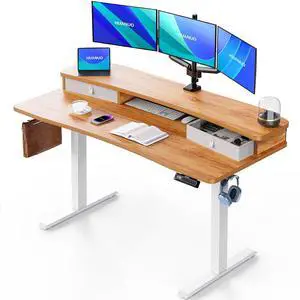 55 x 26 Electric Standing Desk with 2 Drawers, C-Clamp Mount Compatible, Height Adjustable Computer Desk, Home Office Stand Up Desk with 4 Preset Heights & 2 Hooks, Light Vintage 55 x 26 Electric Standing Desk with 2 Drawers, C-Clamp Mount Compatible, Height Adjustable Computer Desk, Home Office Stand Up Desk with 4 Preset Heights & 2 Hooks, Light Vintage