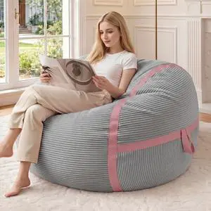 Bean Bag Chair, 3FT Large Bean Bag Chair with Memory Foam, Ultra-Soft Corduroy Cover & Zipper Design, Portable Handle Comfy Bean Bag Sofa for Living Room, No Assembly - Light Grey & Pink Bean Bag Chair, 3FT Large Bean Bag Chair with Memory Foam, Ultra-Soft Corduroy Cover & Zipper Design, Portable Handle Comfy Bean Bag Sofa for Living Room, No Assembly - Light Grey & Pink