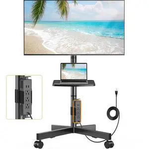 Mobile TV Cart, Clip-On Integrated Power Supply, Rolling TV Stand Portable for 23-60 TVs (up to 88 lbs), 3 Height Levels with Adjustable Tray, TV Stand with Wheels, Max VESA 400x400mm Mobile TV Cart, Clip-On Integrated Power Supply, Rolling TV Stand Portable for 23-60 TVs (up to 88 lbs), 3 Height Levels with Adjustable Tray, TV Stand with Wheels, Max VESA 400x400mm