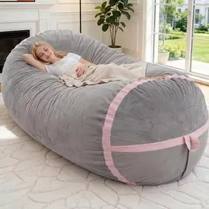 6ft Bean Bag Chair Giant Bean Bag Chairs for Adults with Memory Foam Filled, Large Beanbag Chair with Removable Dutch Velvet Cover for Living Room, Bedroom, Dorm, Light Grey & Pink 6ft Bean Bag Chair Giant Bean Bag Chairs for Adults with Memory Foam Filled, Large Beanbag Chair with Removable Dutch Velvet Cover for Living Room, Bedroom, Dorm, Light Grey & Pink