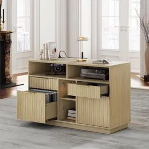 4 Drawer File Cabinet, Fluted Wood Lateral Filing Cabinet with Lock and Charging Station for Home Office, Printer Stand with Open Storage Shelves, Fits A4, Letter Size, Light Waulnut 4 Drawer File Cabinet, Fluted Wood Lateral Filing Cabinet with Lock and Charging Station for Home Office, Printer Stand with Open Storage Shelves, Fits A4, Letter Size, Light Waulnut