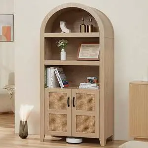 71'' Arched Storage Cabinet with Door, Tall Bookshelf with Adjustable Shelf, Modern Farmhouse Wooden Bookcase Kitchen Pantry Cabinet for Living Room, Natural (Natural Rattan) 71'' Arched Storage Cabinet with Door, Tall Bookshelf with Adjustable Shelf, Modern Farmhouse Wooden Bookcase Kitchen Pantry Cabinet for Living Room, Natural (Natural Rattan)