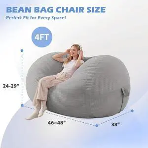 Bean Bag Chair, 4FT Large Bean Bag Chair with Memory Foam, Ultra-Soft Corduroy Cover & Zipper Design, Portable Handle Comfy Bean Bag Sofa for Living Room, Bedroom, No Assembly - Light Grey Bean Bag Chair, 4FT Large Bean Bag Chair with Memory Foam, Ultra-Soft Corduroy Cover & Zipper Design, Portable Handle Comfy Bean Bag Sofa for Living Room, Bedroom, No Assembly - Light Grey