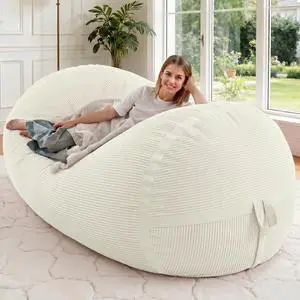 Bean Bag Chair, 5FT Giant Bean Bag Chair with Memory Foam, Ultra-Soft Corduroy Cover & Zipper Design, Portable Handle Comfy Bean Bag Sofa for Living Room, Bedroom, No Assembly - Whtie Bean Bag Chair, 5FT Giant Bean Bag Chair with Memory Foam, Ultra-Soft Corduroy Cover & Zipper Design, Portable Handle Comfy Bean Bag Sofa for Living Room, Bedroom, No Assembly - Whtie