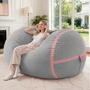 Bean Bag Chair, 4FT Large Bean Bag Chair with Memory Foam, Ultra-Soft Corduroy Cover & Zipper Design, Portable Handle Comfy Bean Bag Sofa for Living Room, No Assembly - Light Grey & Pink Bean Bag Chair, 4FT Large Bean Bag Chair with Memory Foam, Ultra-Soft Corduroy Cover & Zipper Design, Portable Handle Comfy Bean Bag Sofa for Living Room, No Assembly - Light Grey & Pink