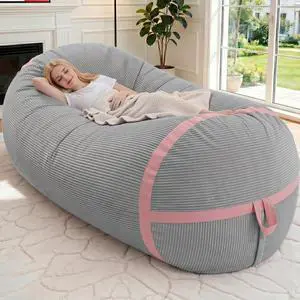 Bean Bag Chair, 6FT Giant Bean Bag Chair with Memory Foam, Ultra-Soft Corduroy Cover & Zipper Design, Portable Handle Comfy Bean Bag Sofa for Living Room, No Assembly - Light Grey & Pink Bean Bag Chair, 6FT Giant Bean Bag Chair with Memory Foam, Ultra-Soft Corduroy Cover & Zipper Design, Portable Handle Comfy Bean Bag Sofa for Living Room, No Assembly - Light Grey & Pink