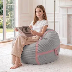 Bean Bag Chair, 2FT Bean Bag Chairs with Memory Foam Filled, Comfy Bean Bag Sofa with Portable Handle, Ultra-Soft Corduroy BeanBag for Living Room, Bedroom, No Assembly - Light Grey & Pink Bean Bag Chair, 2FT Bean Bag Chairs with Memory Foam Filled, Comfy Bean Bag Sofa with Portable Handle, Ultra-Soft Corduroy BeanBag for Living Room, Bedroom, No Assembly - Light Grey & Pink