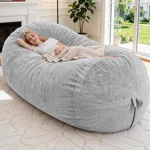 6FT Bean Bag Chair,Giant BeanBag Chairs with Memory Foam Filled, Ultra-Soft Velvet with Portable Handle & Removable Cover, Comfy Bean Bag Sofa for Living Room, No Assembly - Light Grey 6FT Bean Bag Chair,Giant BeanBag Chairs with Memory Foam Filled, Ultra-Soft Velvet with Portable Handle & Removable Cover, Comfy Bean Bag Sofa for Living Room, No Assembly - Light Grey