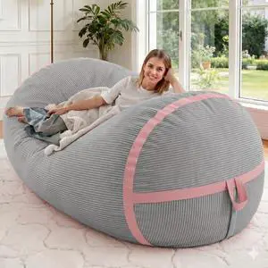 Bean Bag Chair, 5FT Giant Bean Bag Chair with Memory Foam, Ultra-Soft Corduroy Cover & Zipper Design, Portable Handle Comfy Bean Bag Sofa for Living Room, No Assembly - Light Grey & Pink Bean Bag Chair, 5FT Giant Bean Bag Chair with Memory Foam, Ultra-Soft Corduroy Cover & Zipper Design, Portable Handle Comfy Bean Bag Sofa for Living Room, No Assembly - Light Grey & Pink