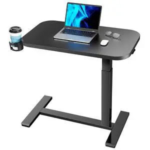 32Inch Bedside Table with Wheels, Height-Adjustable Rolling Computer Cart, Overbed Table with Cup Holder, Pneumatic Laptop Standing Desk for Home Office, Black 32Inch Bedside Table with Wheels, Height-Adjustable Rolling Computer Cart, Overbed Table with Cup Holder, Pneumatic Laptop Standing Desk for Home Office, Black