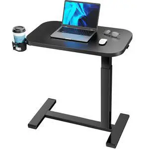 28Inch Bedside Table with Wheels, Height-Adjustable Rolling Computer Cart, Overbed Table with Cup Holder, Pneumatic Laptop Standing Desk for Home Office, Black 28Inch Bedside Table with Wheels, Height-Adjustable Rolling Computer Cart, Overbed Table with Cup Holder, Pneumatic Laptop Standing Desk for Home Office, Black