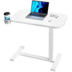 32Inch Bedside Table with Wheels, Height-Adjustable Rolling Computer Cart, Overbed Table with Cup Holder, Pneumatic Laptop Standing Desk for Home Office, White 32Inch Bedside Table with Wheels, Height-Adjustable Rolling Computer Cart, Overbed Table with Cup Holder, Pneumatic Laptop Standing Desk for Home Office, White