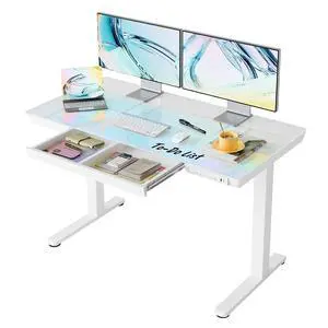 Glass Standing Desk with Drawers, 48 X 24 Inch Electric Adjustable Height Desk, Quick Install One-Piece Tabletop with USB Charging Ports, White Glass Standing Desk with Drawers, 48 X 24 Inch Electric Adjustable Height Desk, Quick Install One-Piece Tabletop with USB Charging Ports, White