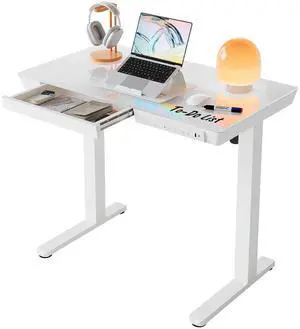Glass Standing Desk with Drawers, 35 X 20 Inch Electric Adjustable Height Desk, Quick Install One-Piece Tabletop with USB Charging Ports, White Glass Standing Desk with Drawers, 35 X 20 Inch Electric Adjustable Height Desk, Quick Install One-Piece Tabletop with USB Charging Ports, White