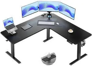 Electric L Shaped Standing Desk, 63" x 63" Height Adjustable Corner Standing Desk with Built-in Power Outlets & Power Strip Holder, Sit Stand Up Table with 4 Preset Heights, Black Electric L Shaped Standing Desk, 63" x 63" Height Adjustable Corner Standing Desk with Built-in Power Outlets & Power Strip Holder, Sit Stand Up Table with 4 Preset Heights, Black