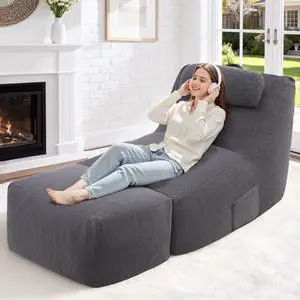 Giant Bean Bag Lounger for Adults, Large Bean Bag Chair with Ottoman & Storage Pocket, Removable Cover Included, Memory Foam Filled Bean Bag Sofa for Living Room or Bedroom Grey Giant Bean Bag Lounger for Adults, Large Bean Bag Chair with Ottoman & Storage Pocket, Removable Cover Included, Memory Foam Filled Bean Bag Sofa for Living Room or Bedroom Grey