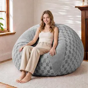 4FT Bean Bag Chair Teardrop Beanbag Chair with Memory Foam Filled Soft Plush Leaf alongside Checkboard Bean Bag Sofa with Removable Cover for Living Room,Bedroom-Plush Light Grey 4FT Bean Bag Chair Teardrop Beanbag Chair with Memory Foam Filled Soft Plush Leaf alongside Checkboard Bean Bag Sofa with Removable Cover for Living Room,Bedroom-Plush Light Grey